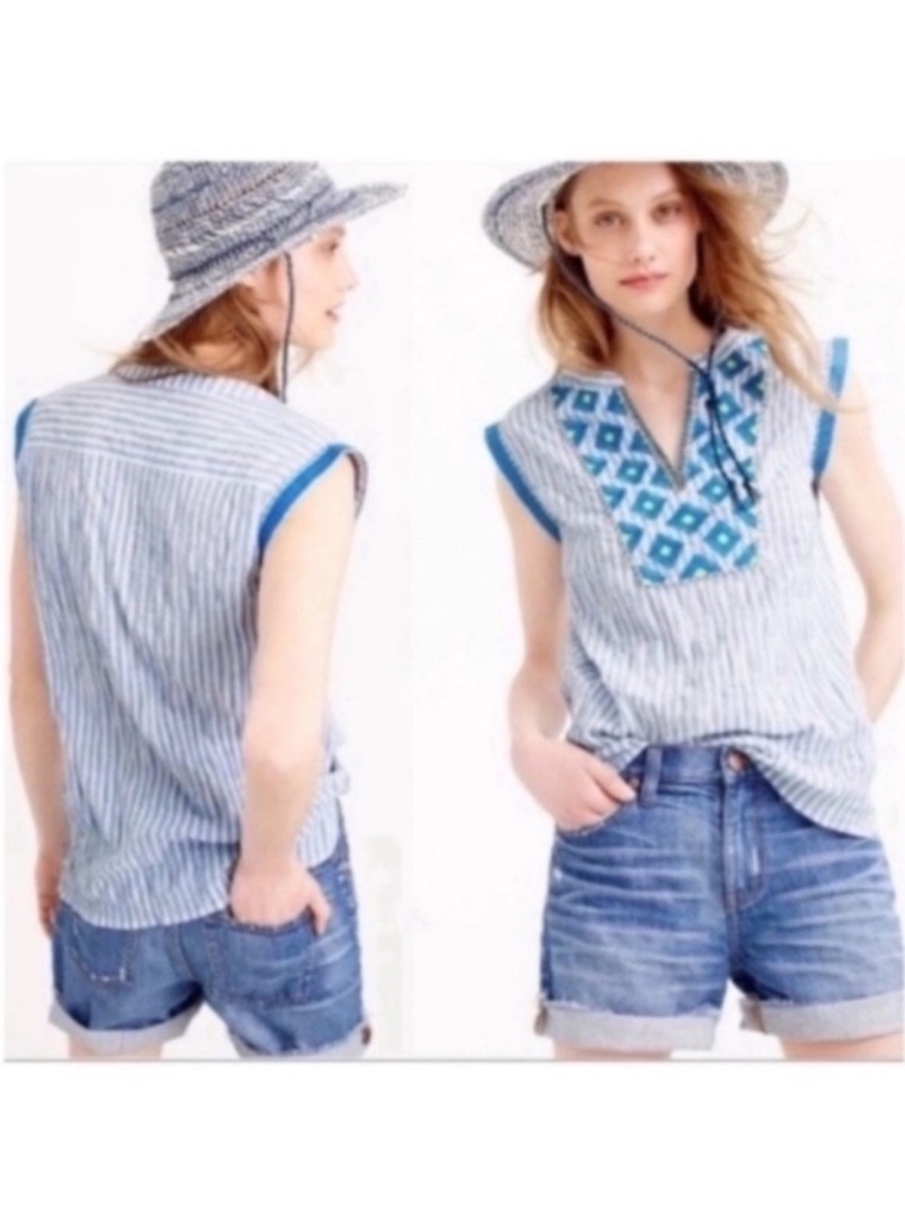 J. Crew Blue Embroidered Medallion Striped Sleeveless Cotton Top Coastal size 0